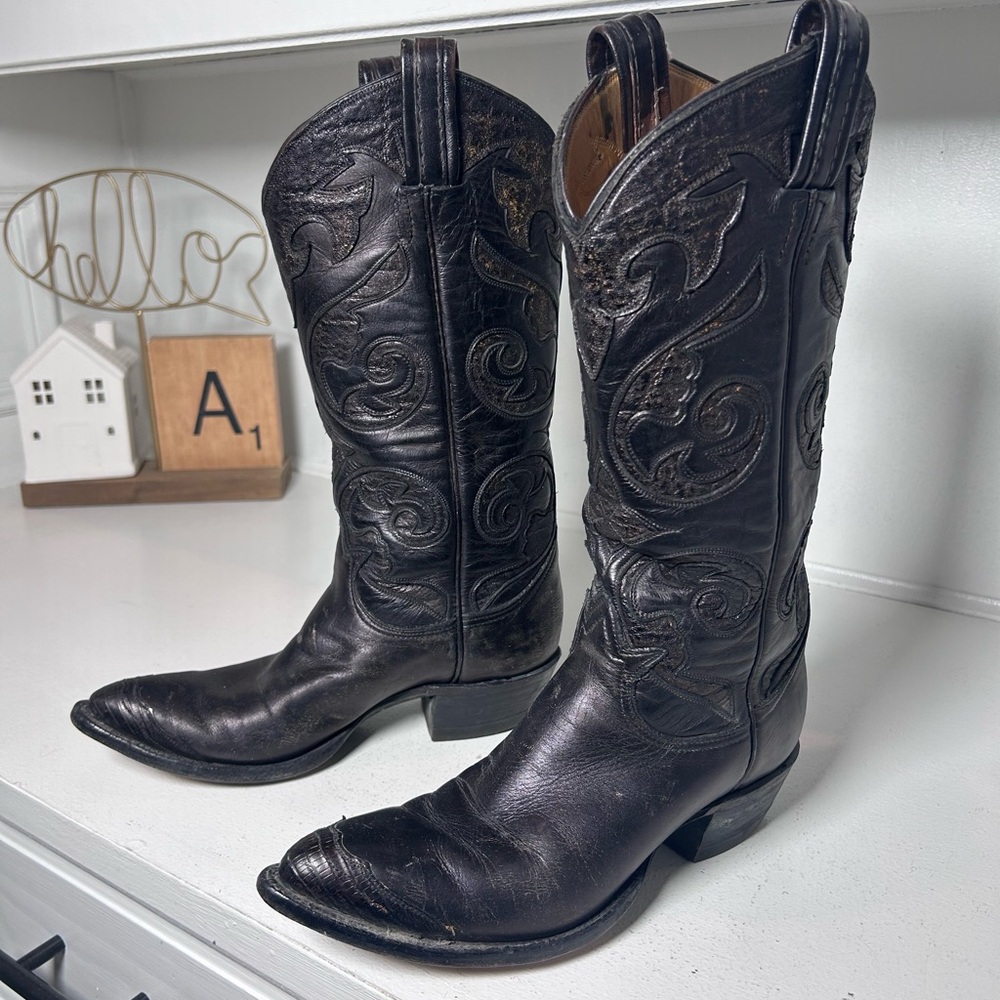 Vintage Tony Lama Gold Label Women’s Black Western Cowboy Boots 6–6.5 USA Made